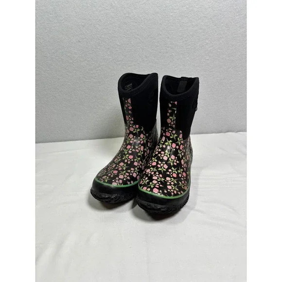 Perfect Storm Cloud Mid Tulip Fun Rain Boots Womens 11 Black Pink Floral Rubber