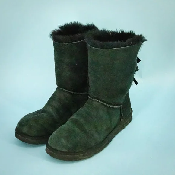 Ugg Size 9 Black Bailey Bow II Shearling Pull On Suede Leather Ankle Boots