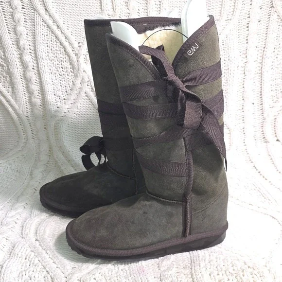 EMU Australia Wrap Knee High Boots Brown Suede Wool Shearling Womens 6 Excellent