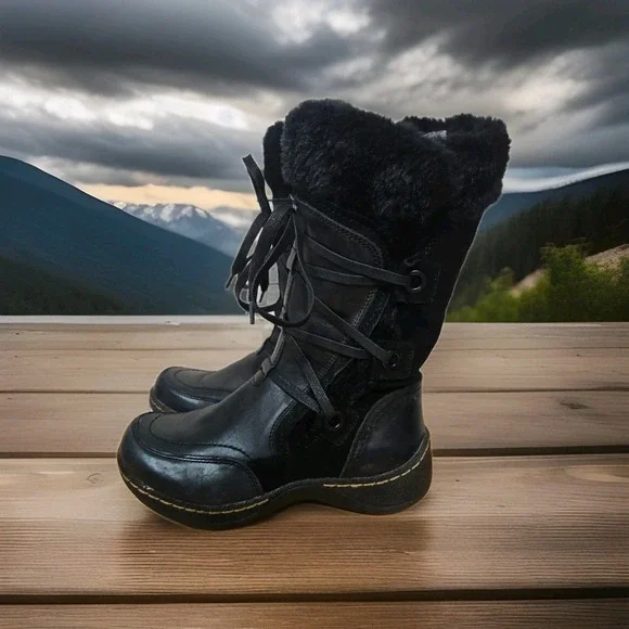 Bear Traps Black Eloquent‎ Winter Boots Faux Fur size 6M Zip & Tie EUC