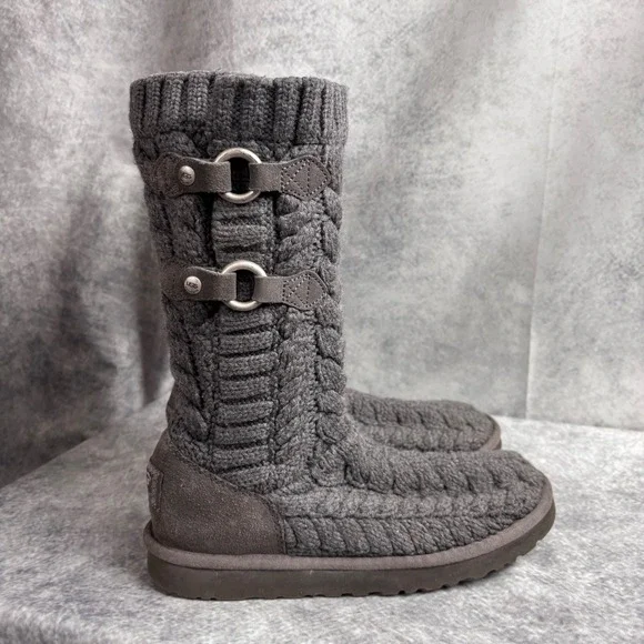 UGG Tularosa Women's‎ Gray Cable Knit Mid-Calf Boots Sheepskin Lined 3177 SIZE 8