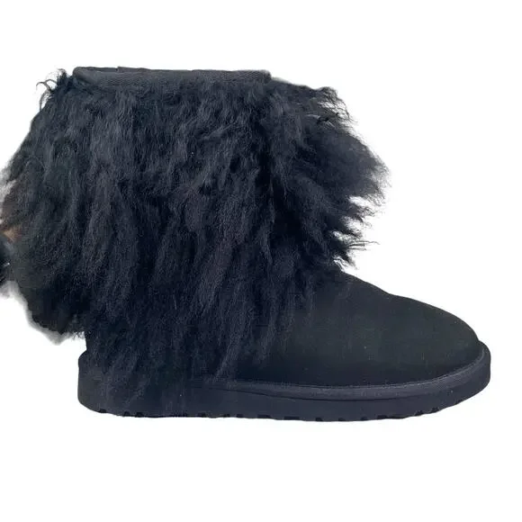 UGG Lida Mongolian Black Suede Shearling Fur Cuff Classic Boot Size US 6
