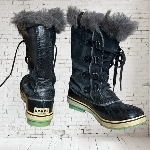 Sorel Joan of Arctic Black Boots Sz 7 Womens Cold Weather Lace Up Faux Fur‎ Trim