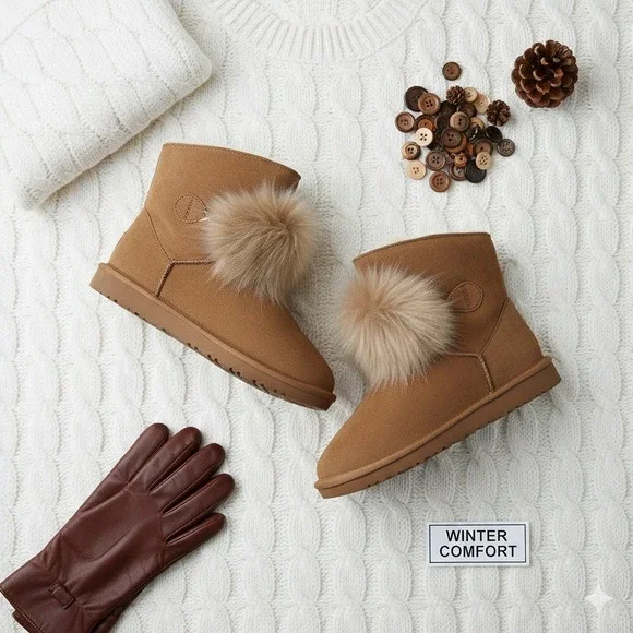 Bearpaw Suede Boots with Fur‎ Pom Pom Detail - Women's Winter Ankle Boots
