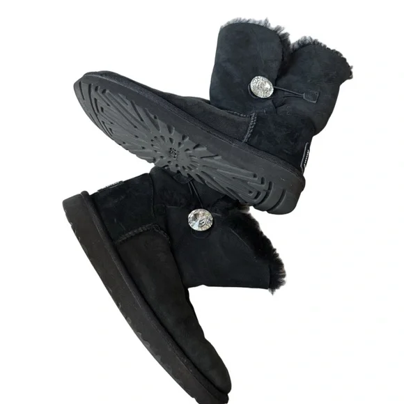 UGG Black Winter Boots with Crystal Button. Good Used Condition. Size 7