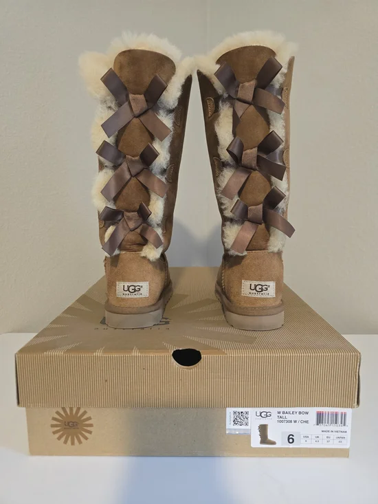 UGG Bailey Bow Tall Boots - Chestnut Suede with Cream Shearling