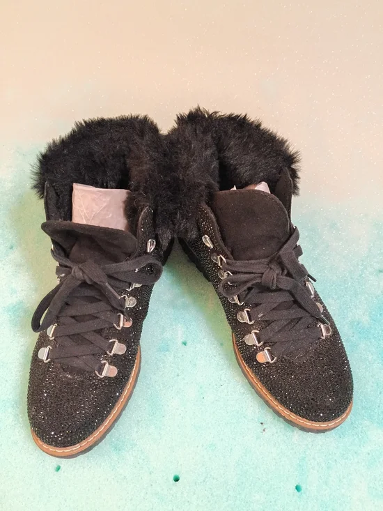 INC‎ International Concepts Black Sparkle Faux-Fur Lace-Up Winter Boots