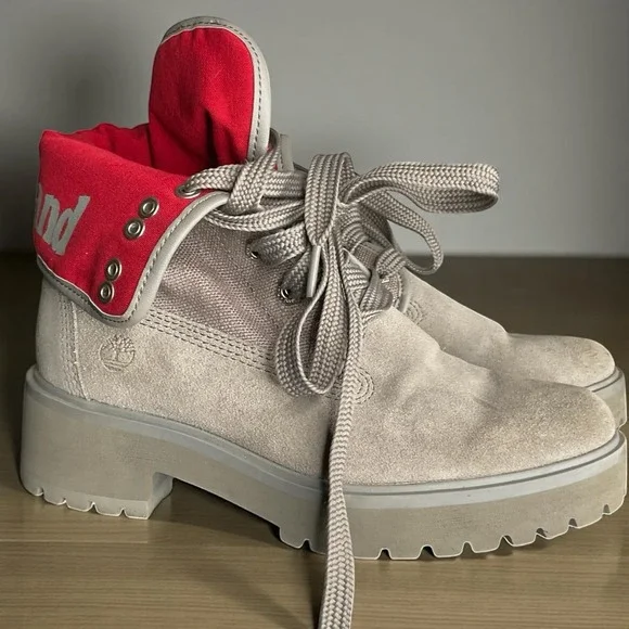 Timberland Carnaby Fold-Down Grey Red Boots Womens Size‎ 6 Waterproof Minimalist