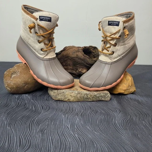 Sperry Saltwater Duck Boots Womens 8  Gray Coral Fleece Lined Waterproof