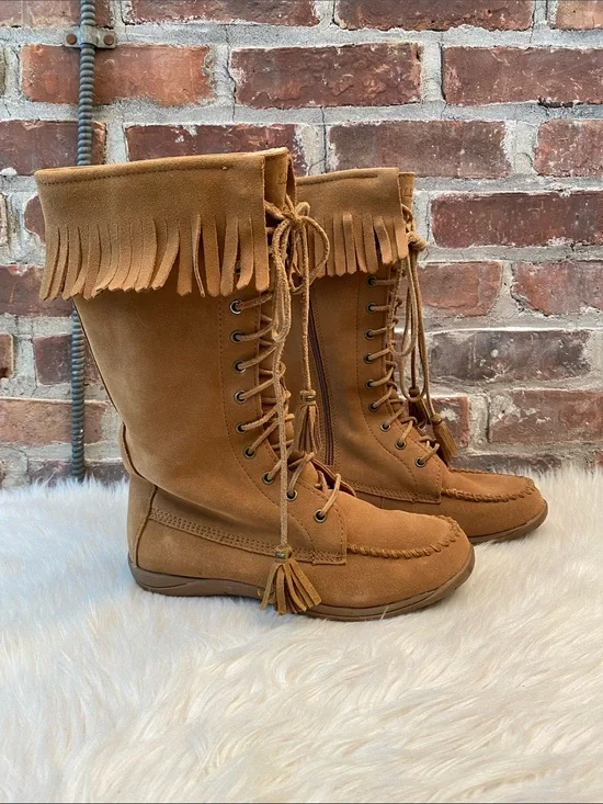 Vintage LL Bean Suede Shearling Tall Fringe Moccasin Boots, Size 8