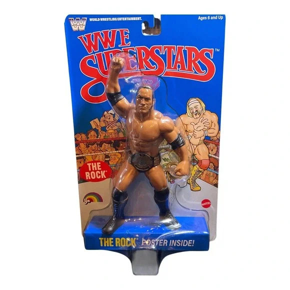 WWE Superstars The Rock Action Figure Mattel LJN Style Wrestling Toy with Poster