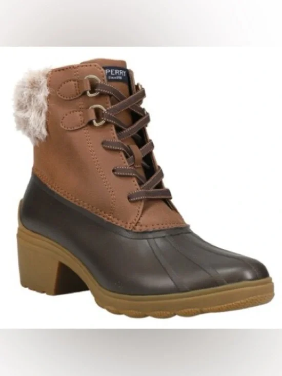 Sperry Two-Tone Brown Waterproof Lace-Up Winter Boot with Faux Fur 6.5