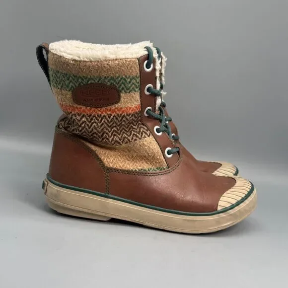KEEN Elsa Women's 7 Brown Striped Wool Leather Mid Calf Waterproof Winter Boots