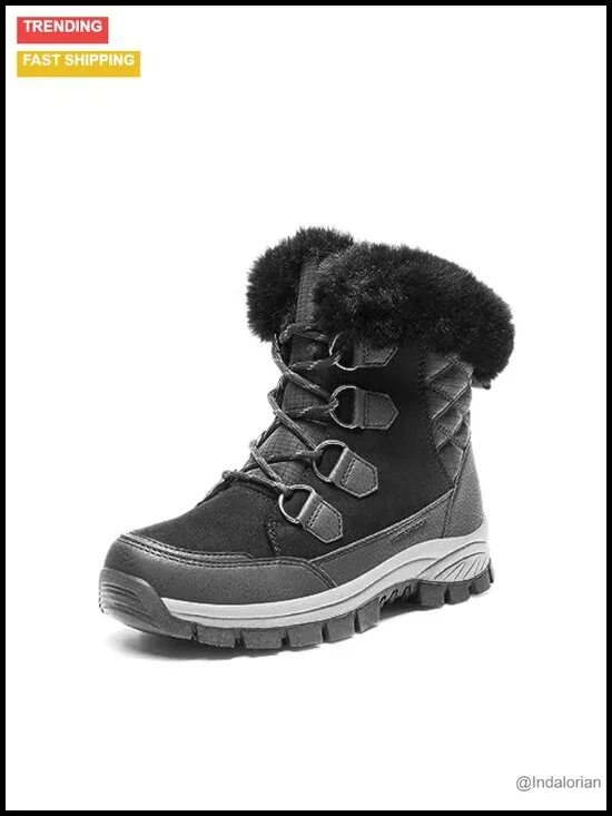 Waterproof Snow Boots for Women, Faux Fur Trim, Lace Up Mid-Calf