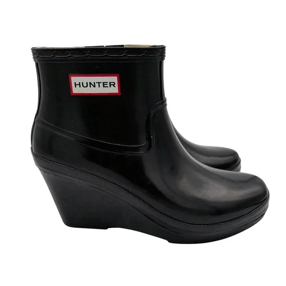 Hunter Aston Black Rubber Wedge Ankle Rain Boots Womens Size 7 US 38 EU