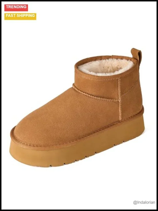 Genuine Suede Ankle Platform Snow Boots with Faux Fur Lining