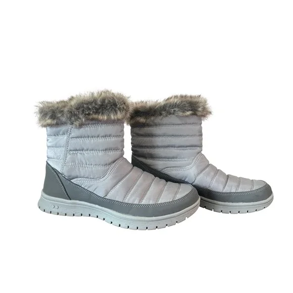 Ryka Suzy Womens Grey Quilted Puffer Snow Boots Faux Fur Trim Size 8.5M