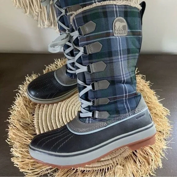 SOREL Women's Trivoli Tall Lace Up Fleece Lined Blue Plaid Winter Boots Size 8.5
