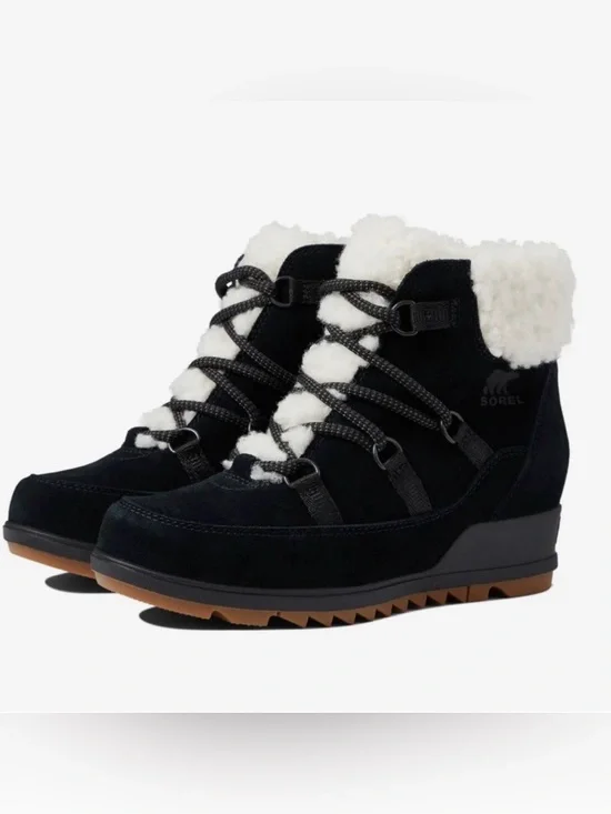 Sorel Evie Black Suede Sherpa-Lined Waterproof Wedge Lace-Up Bootie Size 8.5