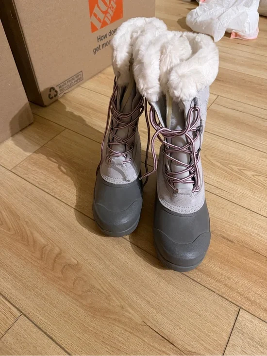 Womens Gray Winter Lace-Up Snow Boots with Fur Collar