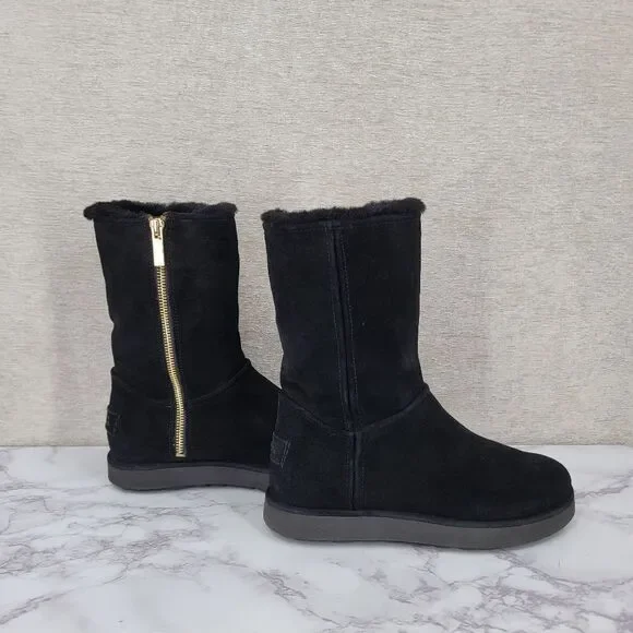 Ugg Black Suede Shearling Sherpa Lined Gold Zipper Women's Boots Size 6