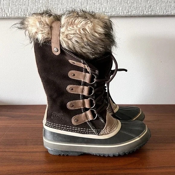 Sorel Joan Of Arctic Boots Womens Size 7 38 Brown Suede Faux Fur Snow Waterproof