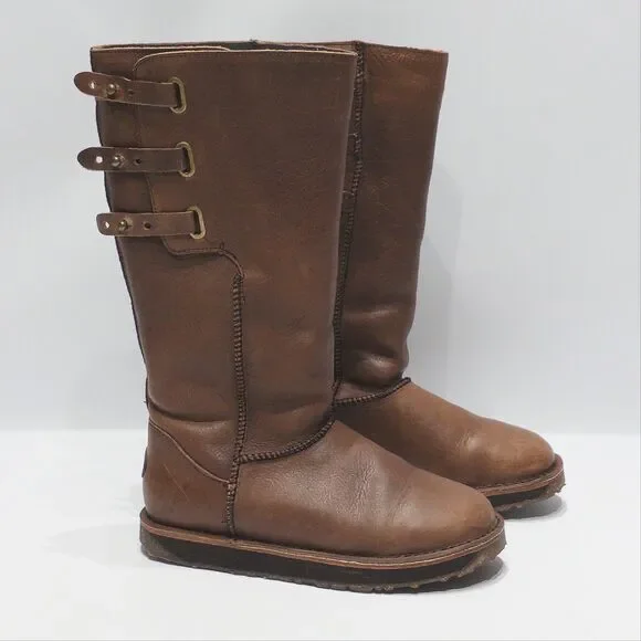 EMU Narooma Tall Brown Leather Shearling Lined Winter Boots Straps Women Size 8