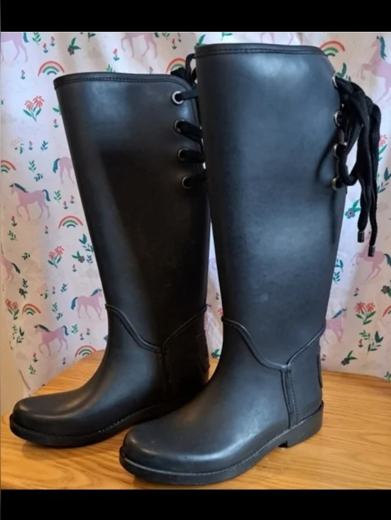 EUC Coach Tristee Black Tall Rubber Rain Casual Prep Bow Boot Shoe SZ 6B