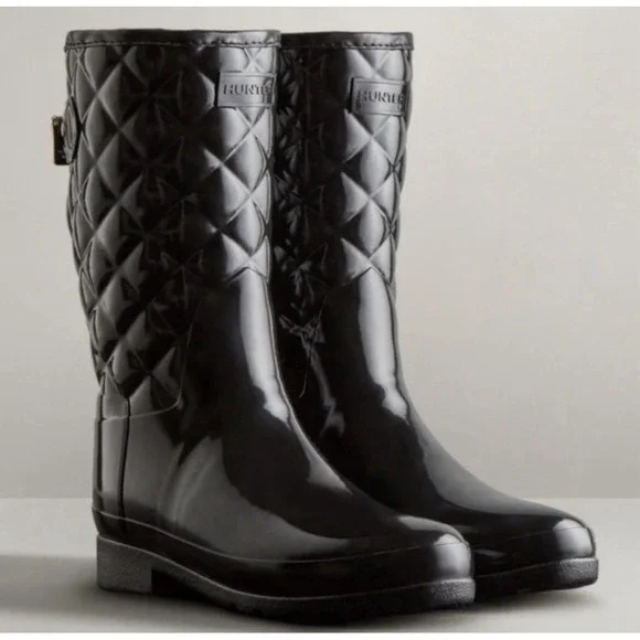 Hunter Refined Black Gloss Quilted Short Rain Boots Women's US 5 EU 36‎ Pull On