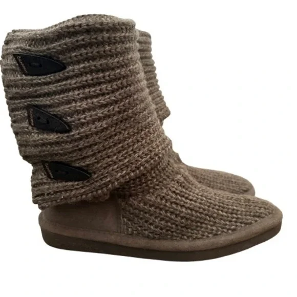 Bearpaw Knit Tall Boots Gray Foldover Button‎ Detail Winter Cozycore US Size 6