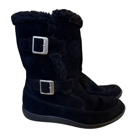 Steve Madden Women’s Suede Boots Side Buckles Fleece Lined Sz. 10.5 Black