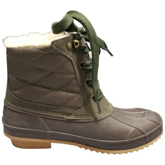 Khombu Zany Waterproof Duck Boots Womens Sz 7 Grey Green Synthetic Faux Fur Trim