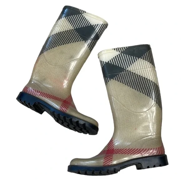 Burberry Nova Check Rubber Rain Boots Mid Calf Beige Plaid Wellies Sz 36