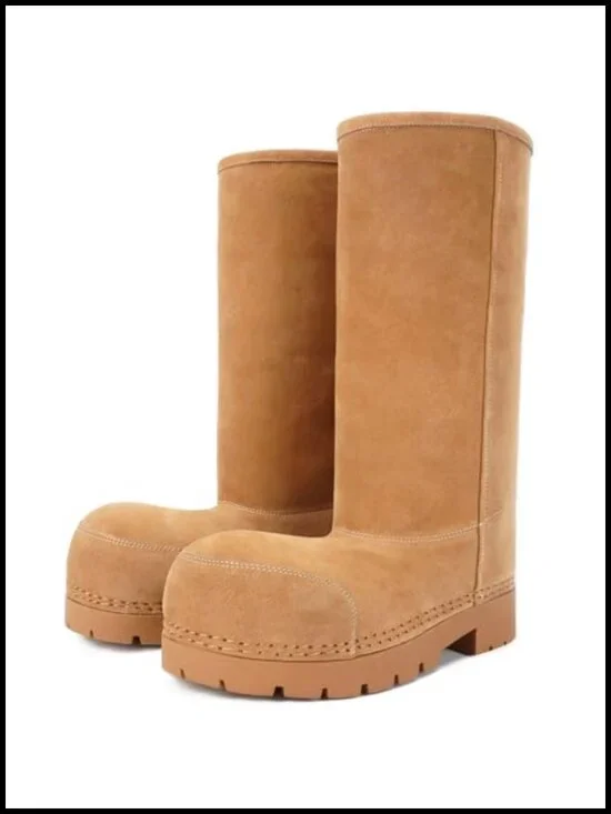 Faux Suede Platform Snow Boots Knee High Chunky Heel Fur Lined Winter Boots
