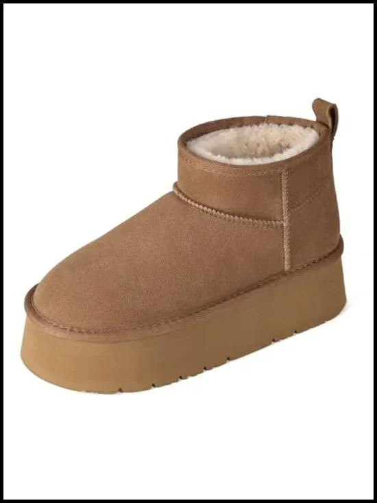 Genuine Suede Ankle Platform Boots with Faux Fur Lining Pull-On Chunky Heel