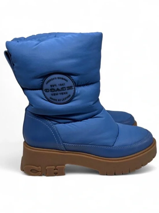 Coach Rya Boots inSky Blue. Quilted puffer-style nylon, leather upper.