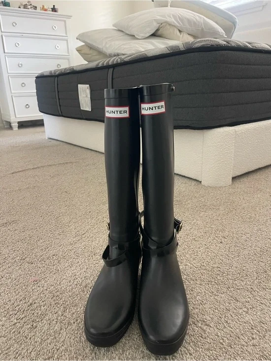 Hunter Black Gloss Tall Rain Boots with Buckle Detail