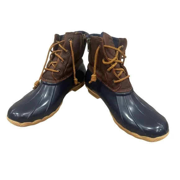 Sperry Saltwater Duck Boots Womens Navy Brown Leather Waterproof Sz 8.5