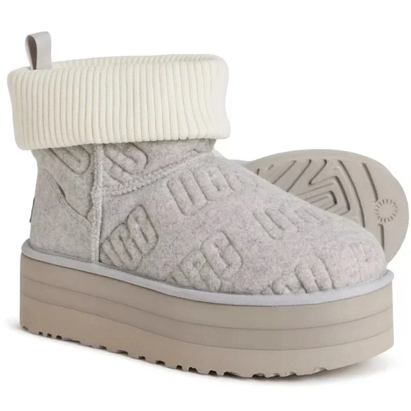 UGG Classic Mini Platform Felted platform textured logo booties sheep fur size 8