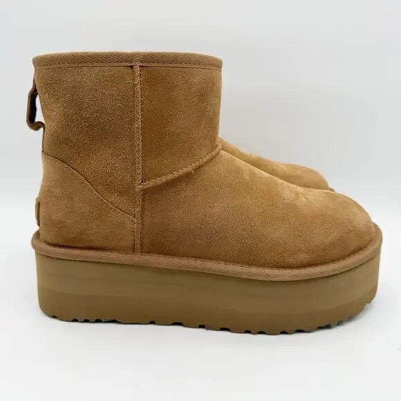 UGG Womens Classic Mini Platform Bootie US 9 EU 40 Chestnut Suede EUC