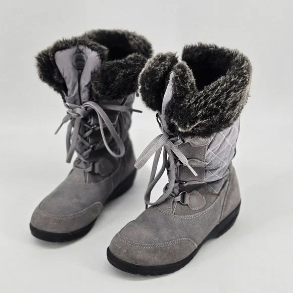 Lands' End Grey Suede Quilted Faux Fur Winter Snow Boots Comfort Shoes 6 VGUC