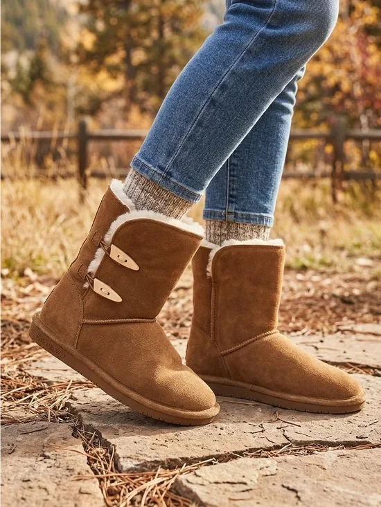 BEARPAW Brown Suede Sheepskin Lined Winter Boots Women’s Size 7 Toggle Mid Calf
