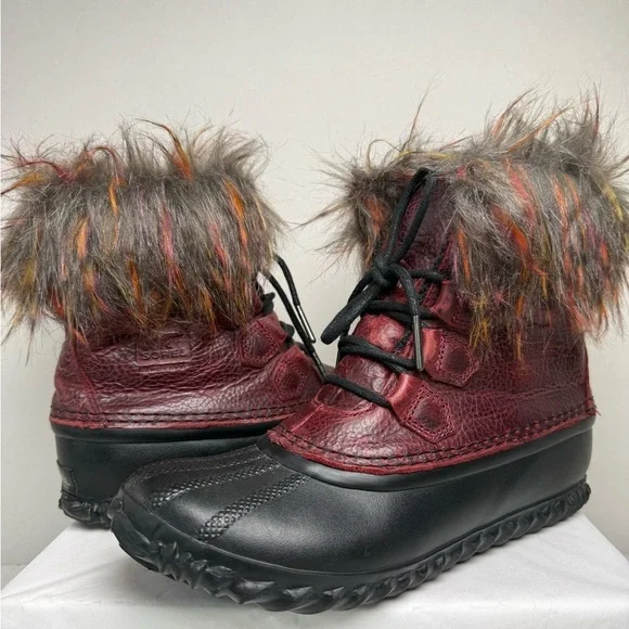Sorel Out N About Lux Faux Fur Waterproof Boots Size 7.5 In Rich Wine