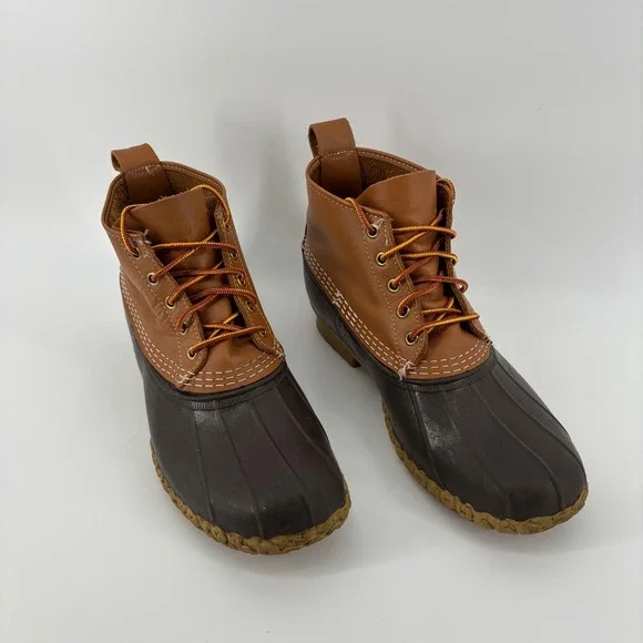 L.L. Bean Women Duck Boots 10M Brown Leather Rubber 6 Inch Ankle Rugged Hiking