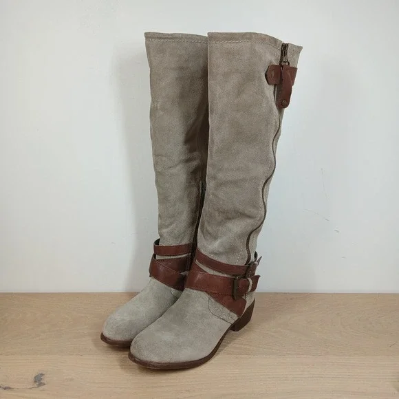 Aldo Knee High Boots Womens 6 Gray Suede Leather Buckle Riding Boho Casual