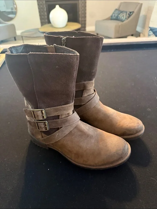 UGG Brown Suede Mid-Calf Buckle Strap Boots