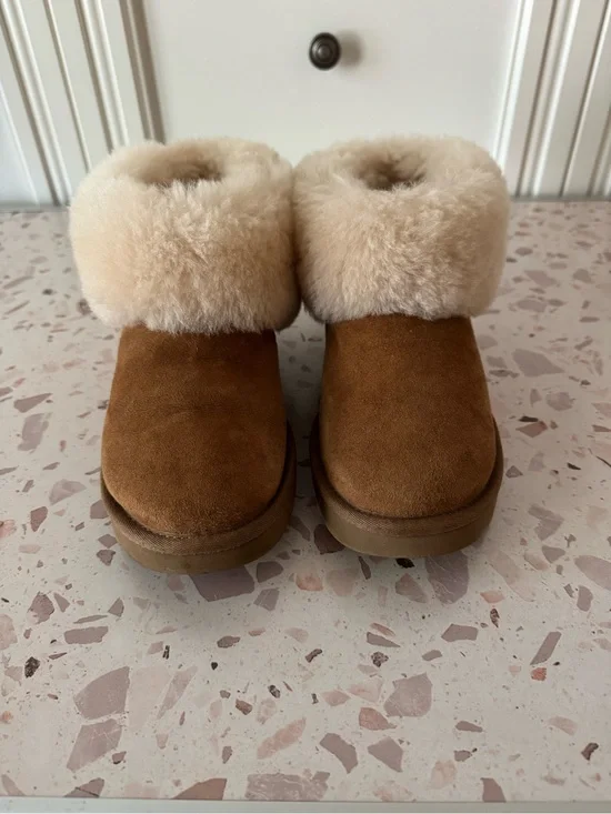 UGG Chestnut Suede Shearling Cuff Booties with Cream Collar