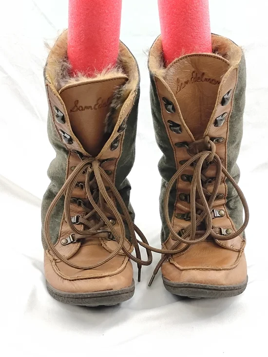 Sam Edelman Women's Brown and Olive Lace-Up Fur-Trim Boots
