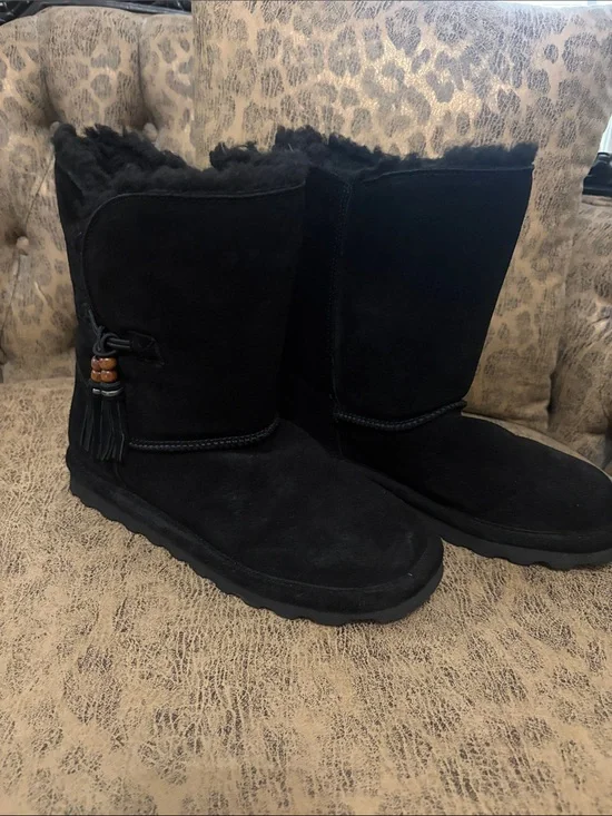 BearPaw Black Suede Shearling Tassel Winter Boots