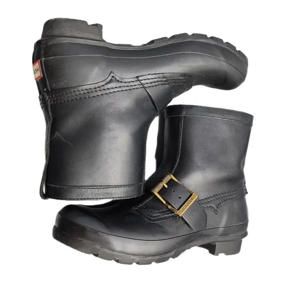 Hunter Original Short Biker Boots Womens US 8M Black Waterproof Buckle Detail